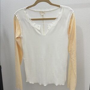 POL Women's Lace Trim Long Sleeve Top - Cream and Tan